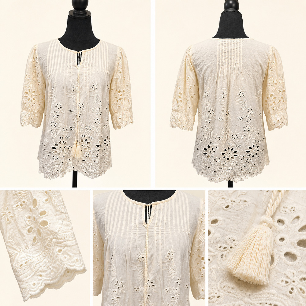 LIV Los Angeles M Boho Eyelet Peasant Top Cottagecore Western Coastal Twee Folk